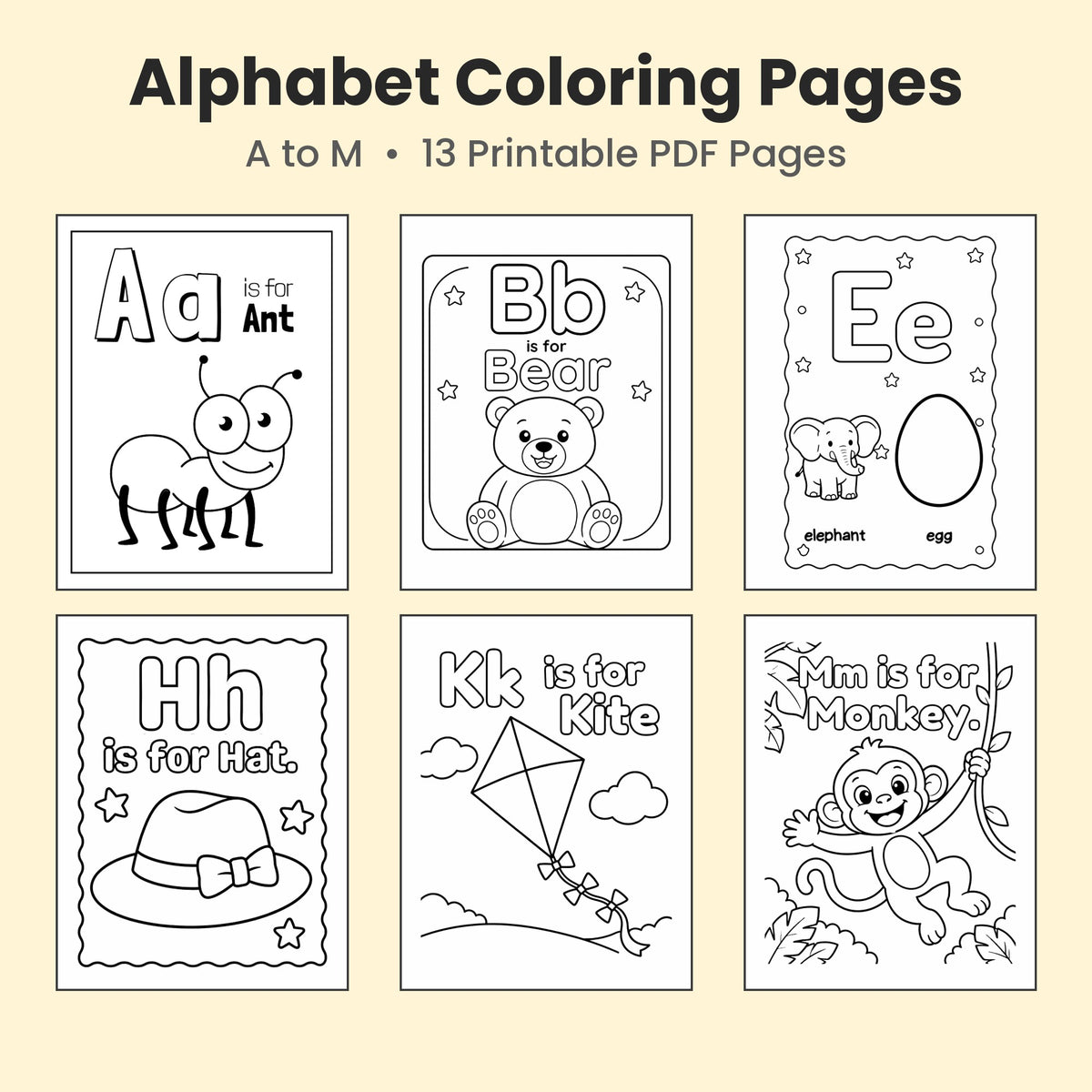 Alphabet Coloring Pages A–M | 13 Printable PDF Pages for Kids