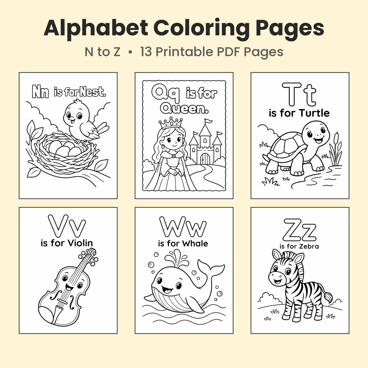 Alphabet Coloring Pages N–Z | 13 Printable PDF Pages for Kids