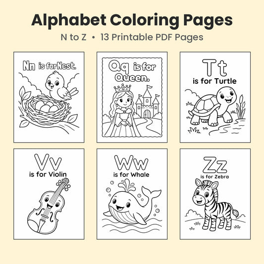 Alphabet Coloring Pages N–Z | 13 Printable PDF Pages for Kids